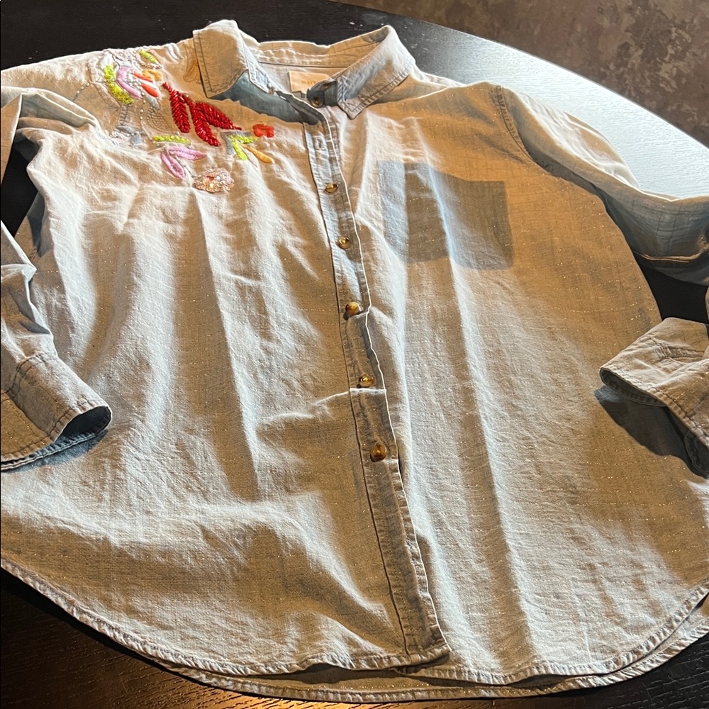 Maeve denim top. Size L. Beaded and embroidered embellishments. GUC